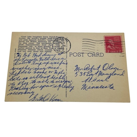 Vintage 1950s Duluth-Superior Harbor Postcard Ore Boat & Lift Bridge Raised - Picture 2 of 8